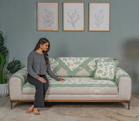 Petal Paradise Floral Multi Color Printed 3 Seater Sofa Cover - Set of 8