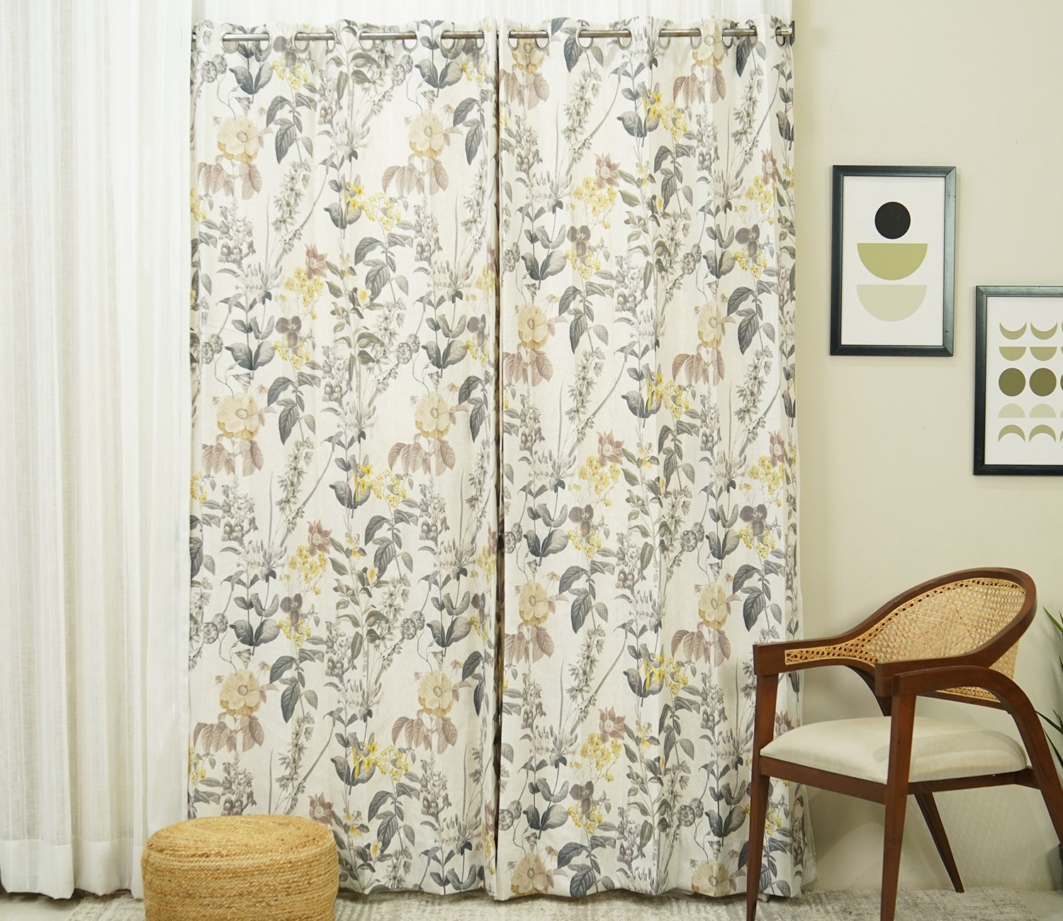 Leafy Floral Print Light-Filtering Door Curtains Set of 2 (Grey, 7 Feet)