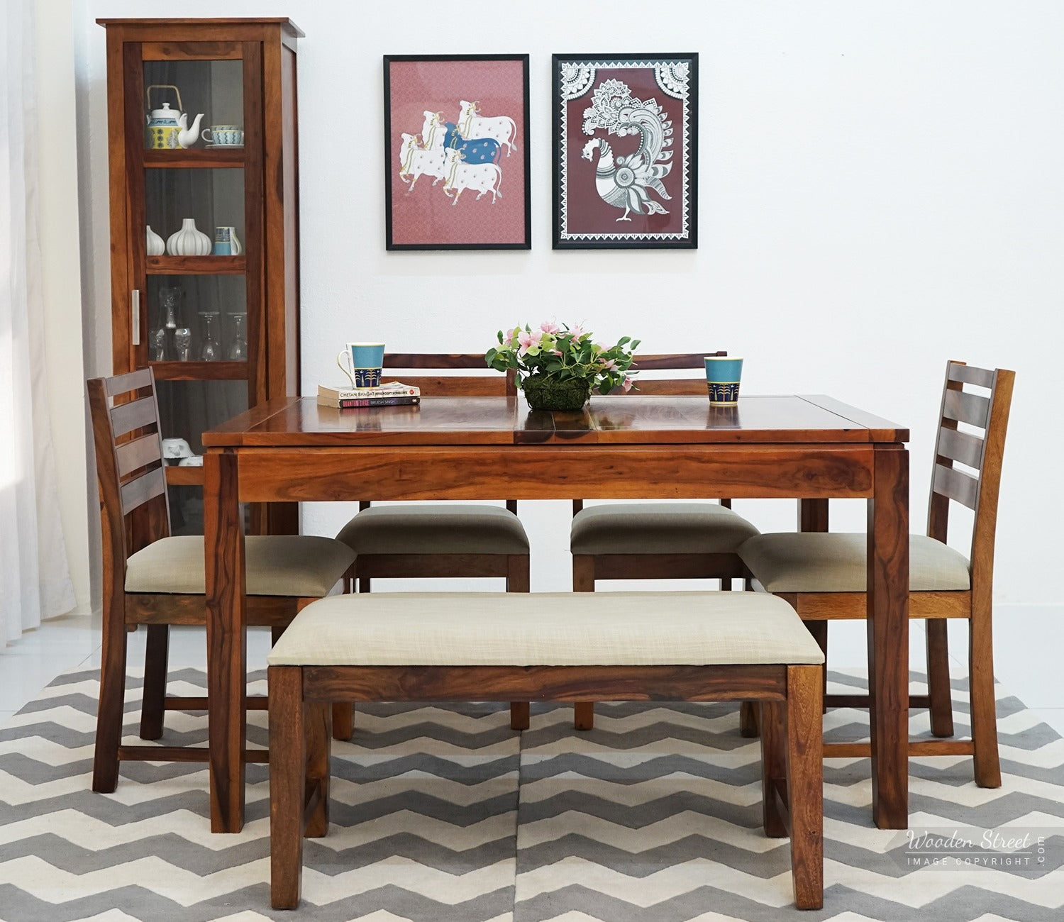 Advin 6 Seater Folding Dining Table Set With Tim Extendable Table, Zampa Chairs and Advin Bench (Honey Finish)