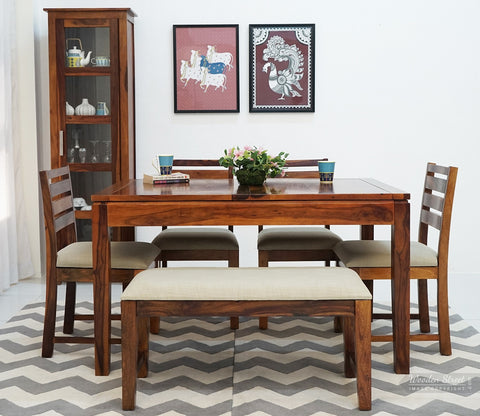 Advin 6 Seater Folding Dining Table Set With Tim Extendable Table, Zampa Chairs and Advin Bench (Honey Finish)