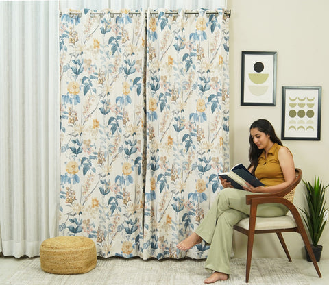 Leafy Floral Print Light-Filtering Door Curtains Set of 2 (Blue, 7 Feet)