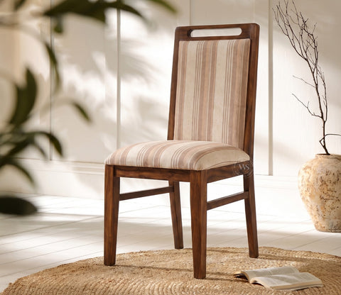 Hazel Premium Sheesham Wood Dining Chair with Luxurious Cotton Upholstery (Teak Finish, Cream Stripes)