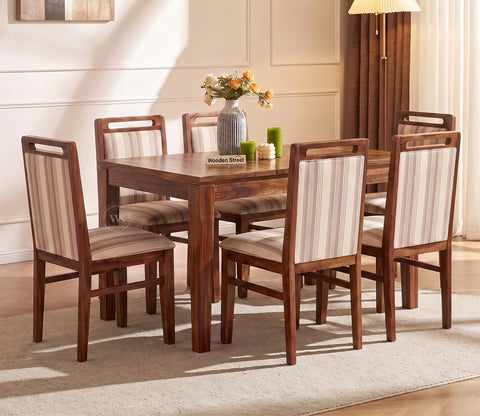 Taylor 6 Seater Dining Set with Tim Extendable Table and Hazel Dining Chair | Extendable from 4 to 6 Seater | Cream Stripe Fabric Cotton (Honey Finish)