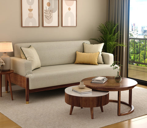 Kairav Modern 3+1+1 Wooden Sofa Set with Premium Upholstery (Cottage Ivory)