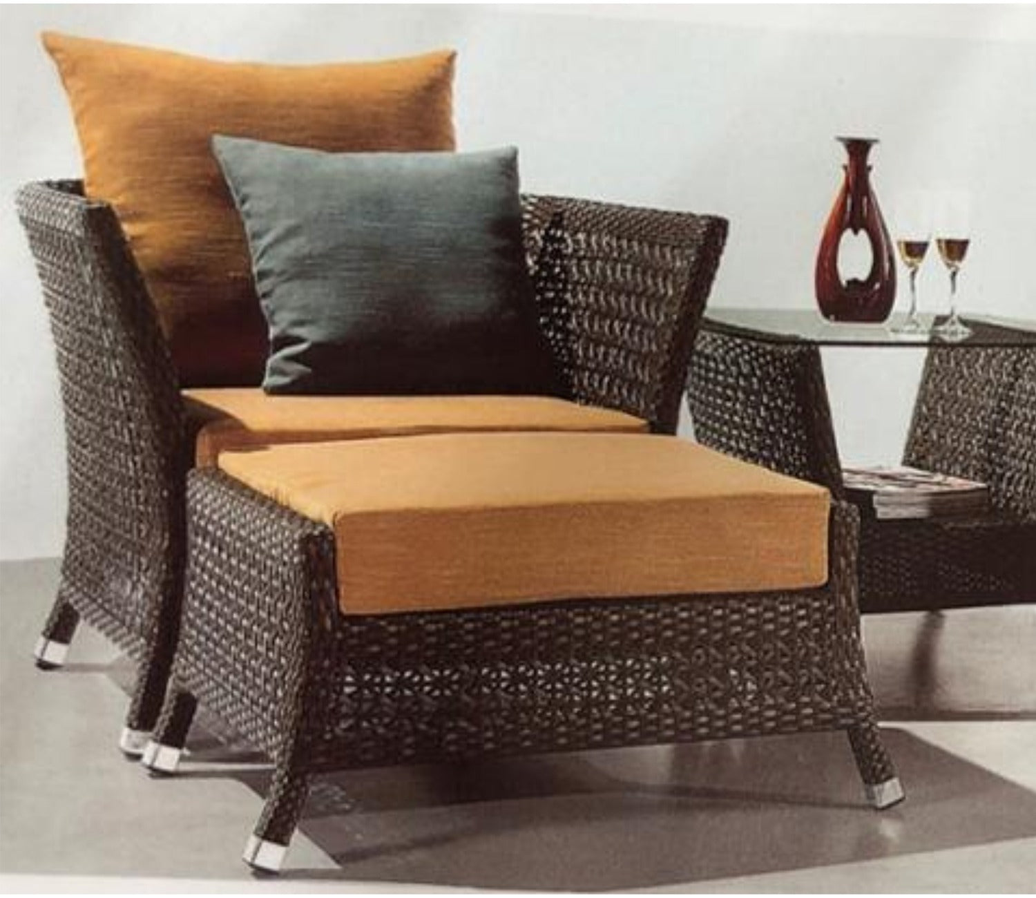 Dark Brown Rattan And Wicker 2 Seater Patio Set With Table And Middle Yellow Cushions