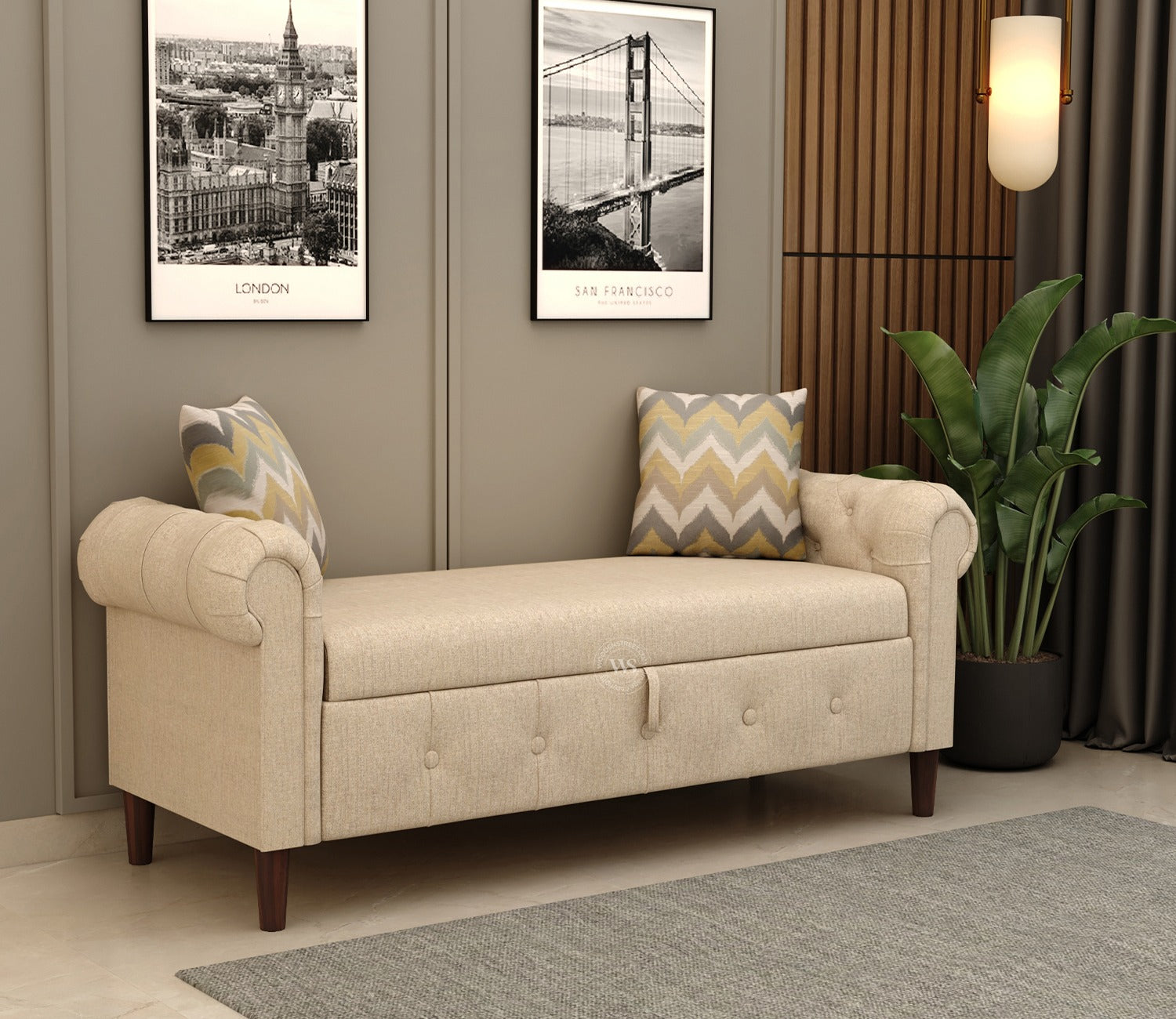 Velo Cushioned Hand Carved Sofa Bench With Hidden Storage (Jade Ivory)