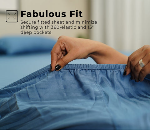 300 TC Pure Cotton Fitted King Size Bedsheet with Satin Stripe with 2 Pillow Covers (Blue)