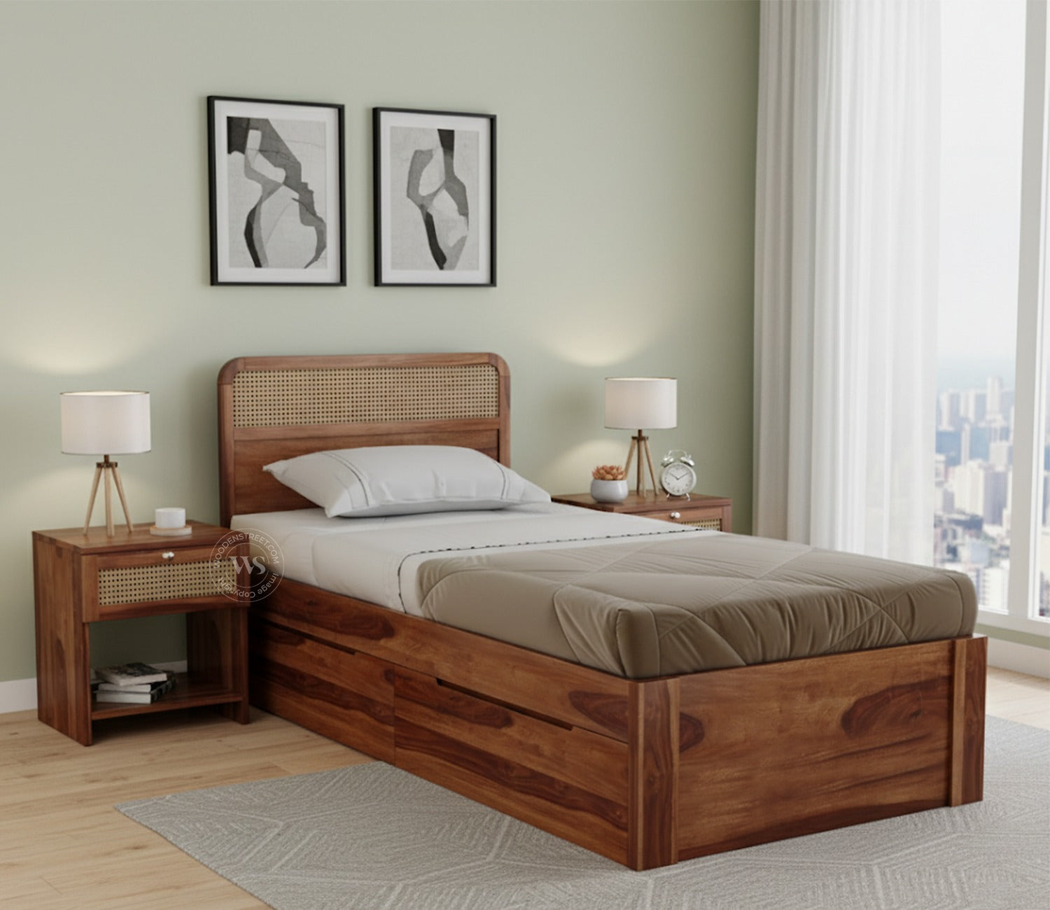 Balikos Sheesham Wood Bed with Drawer Storage and Cane Detailing (Single Size, Teak Finish)