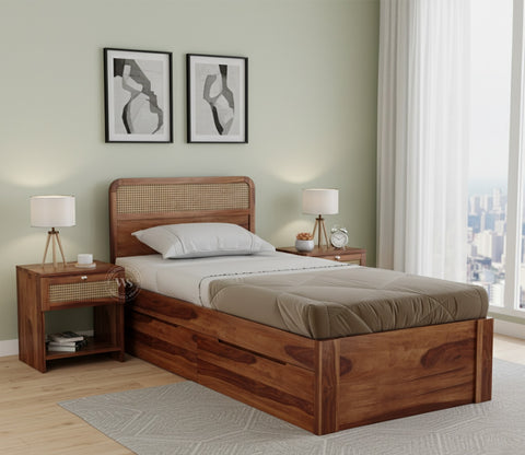 Balikos Sheesham Wood Bed with Drawer Storage and Cane Detailing (Single Size, Teak Finish)