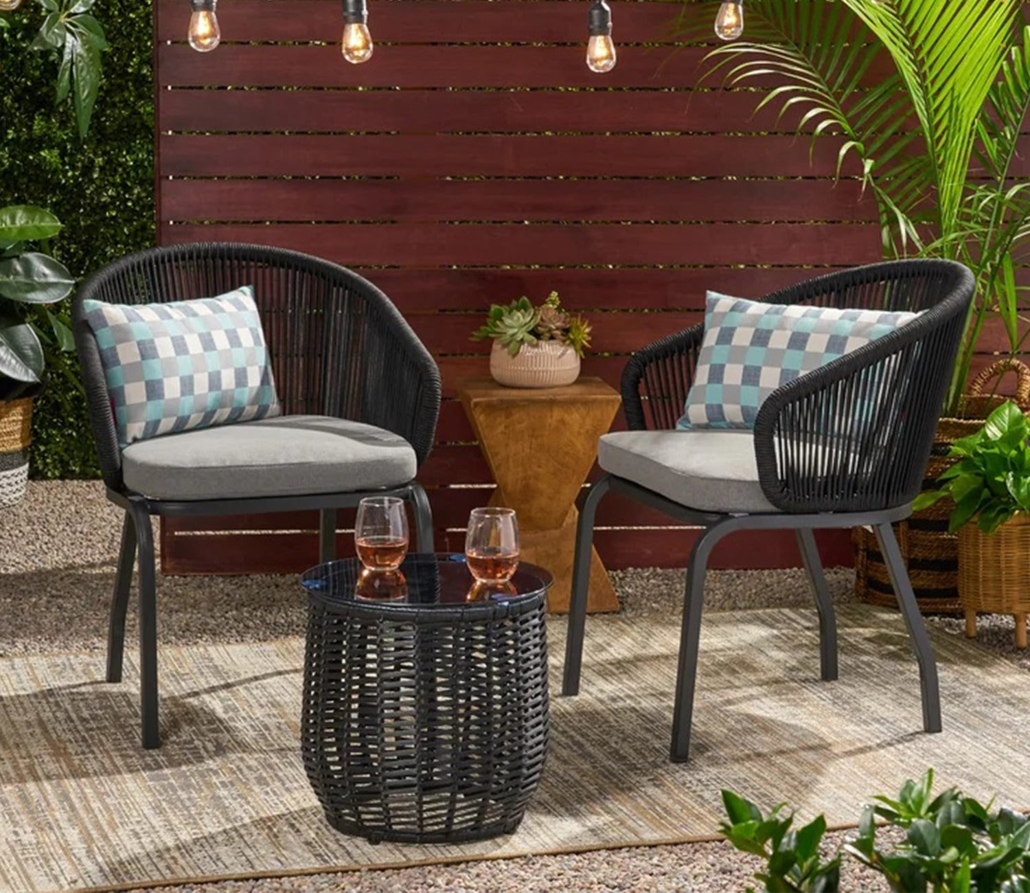 Black Rope 2 Seater Chair With Table And Grey Cushions Balcony Set