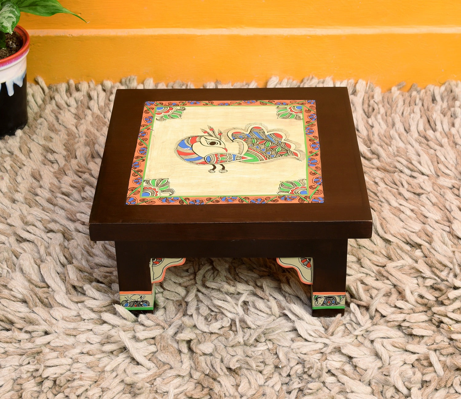 Multicolor Teakwood Peacock Chowki