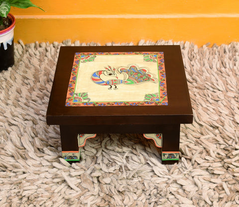 Multicolor Teakwood Peacock Chowki