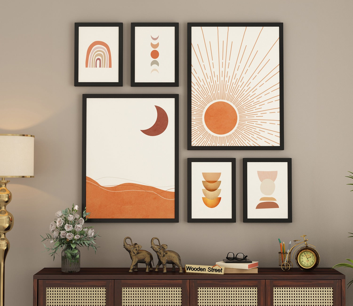 Neutral Hues Of Sun And Moon Wall Frame - Set Of 6 (Rectangle, Black, Canvas)