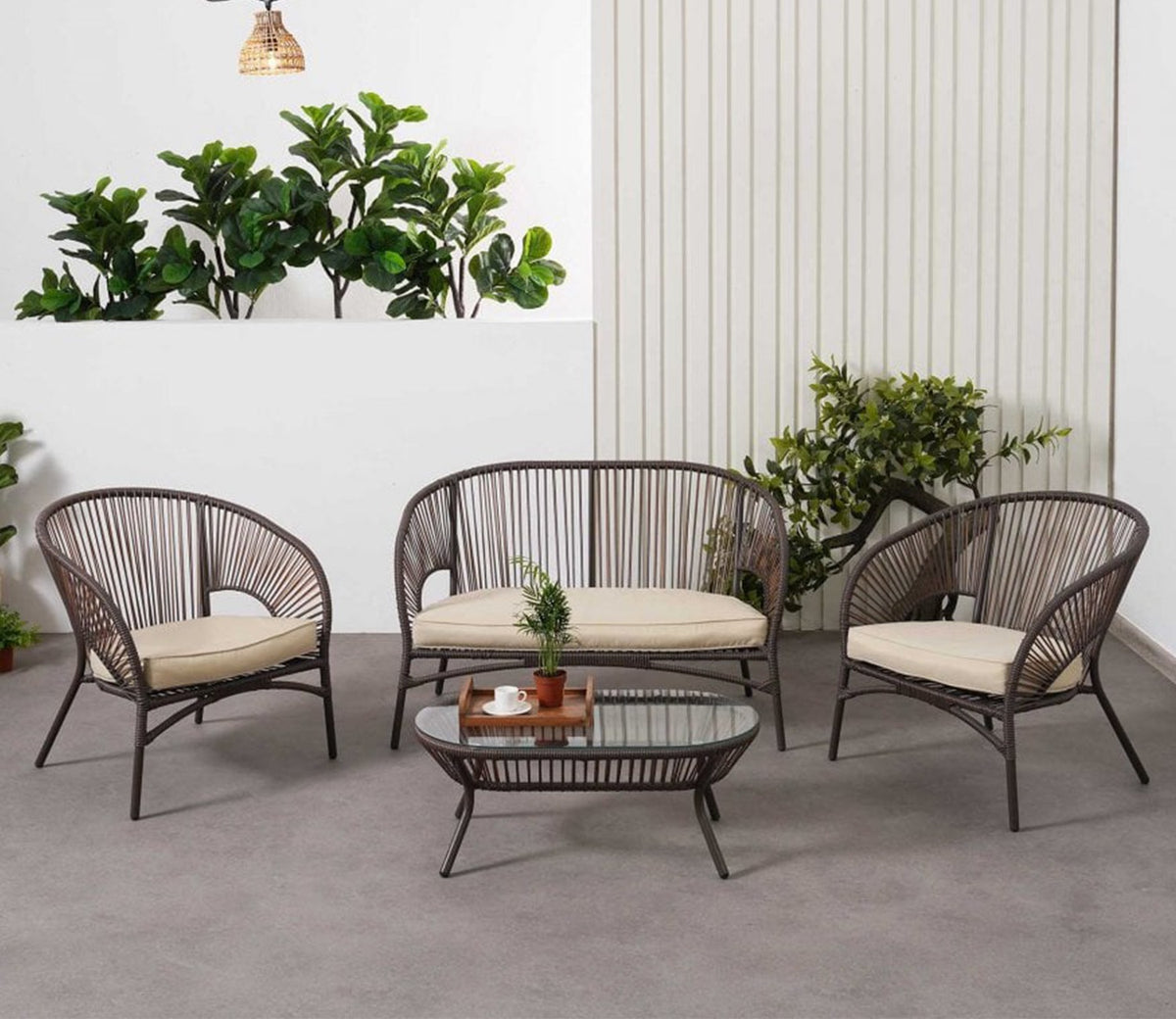 Dark Brown Rope 4 Seater Sofa Set With Table And Cream Cushions