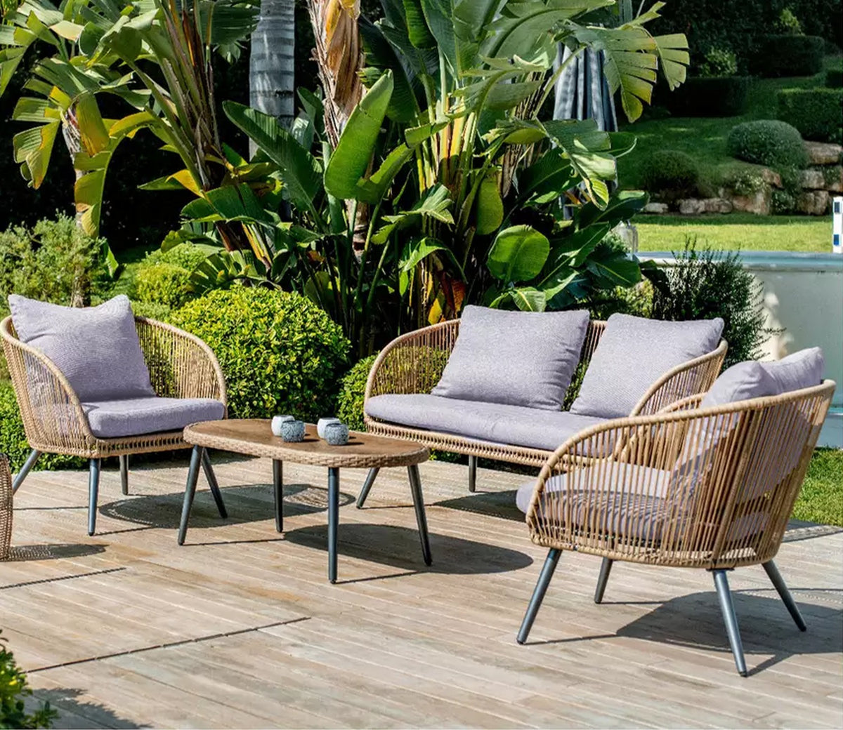 Beige Rope 4 Seater Sofa Set With Table And Grey Cushions