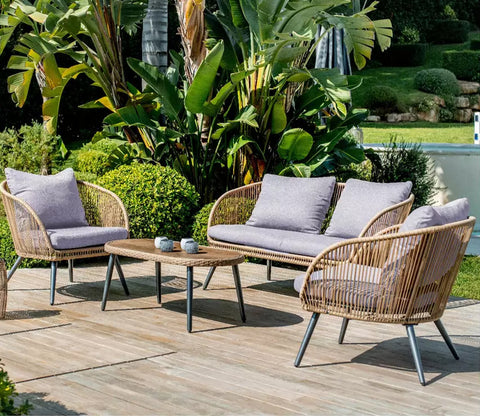 Beige Rope 4 Seater Sofa Set With Table And Grey Cushions