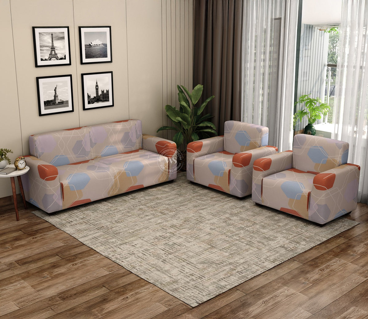 Agnus Modern Abstract Printed Polyester Spandex 3+1+1 Sofa Cover Set (Multi Color)