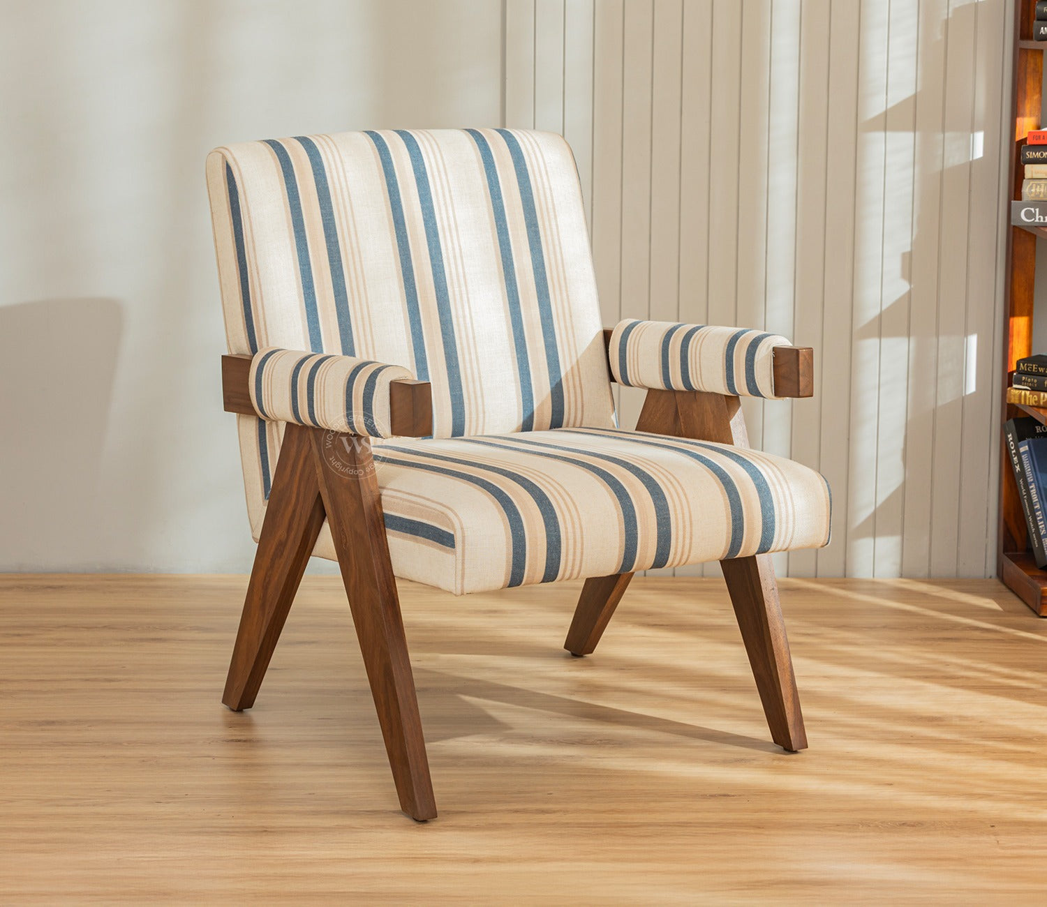 Troupe Sheesham Wood Chandigarh Chair with Premium Upholstery (Blue Stripes, Teak Finish)