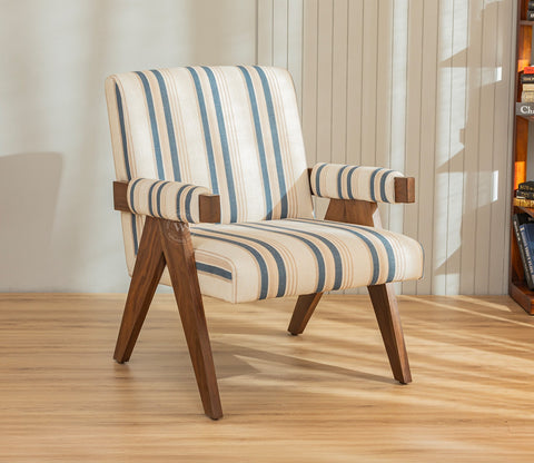 Troupe Sheesham Wood Chandigarh Chair with Premium Upholstery (Blue Stripes, Teak Finish)