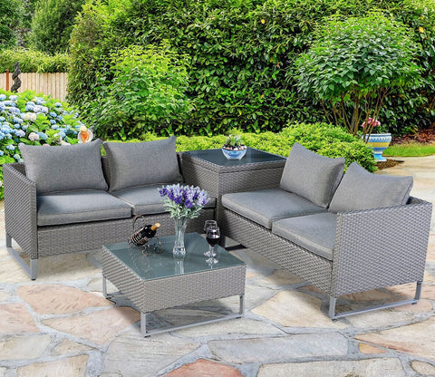 Grey Color Rattan And Wicker 4 Seater Patio Set With table And Grey Cushions