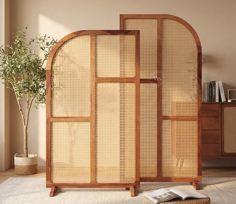 Aavaran Heritage Arch Sheesham Wood Room Divider with Luxury Cane Weave - Set of 2 Panels