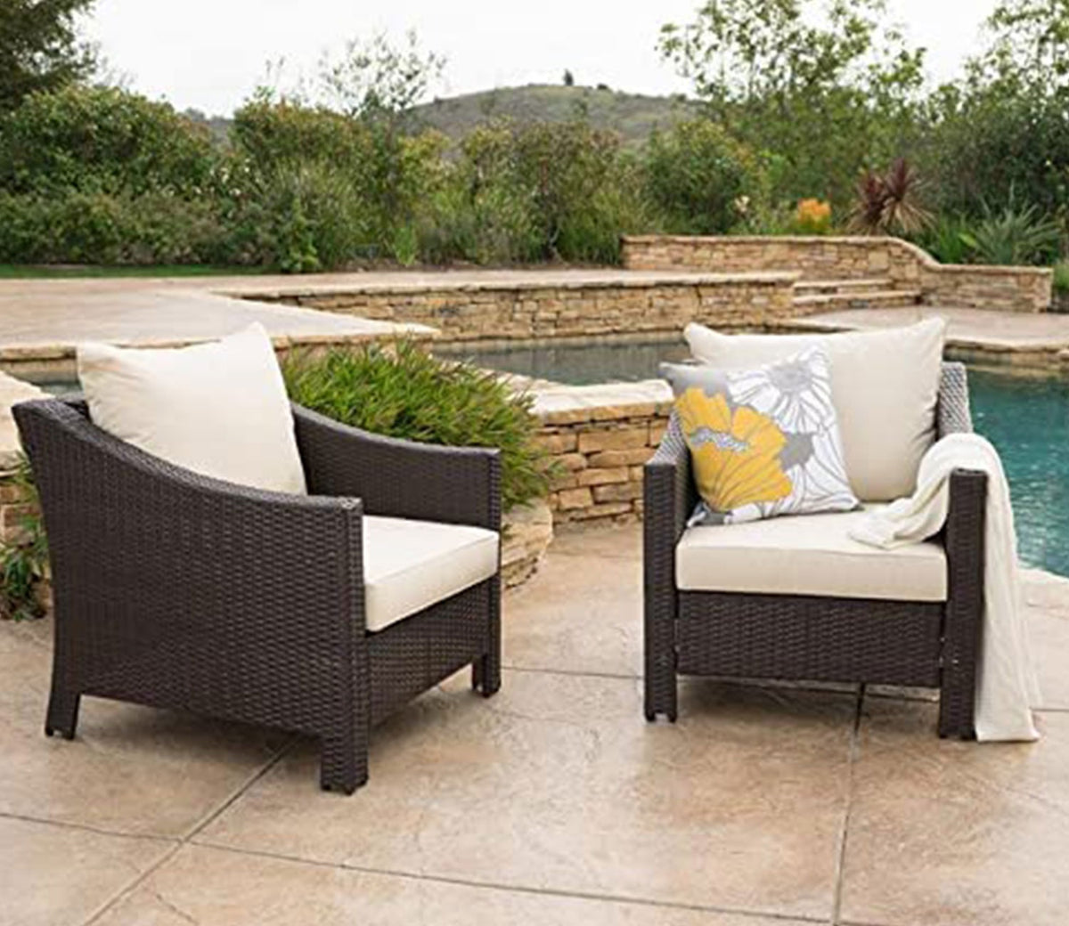 Dark Brown Rattan And Wicker Patio Chair with Cream Cushions (Set Of 2)