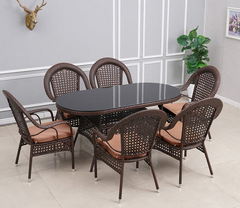 6 Seater Wicker Dining Table Set With Cream Cushions (Brown)