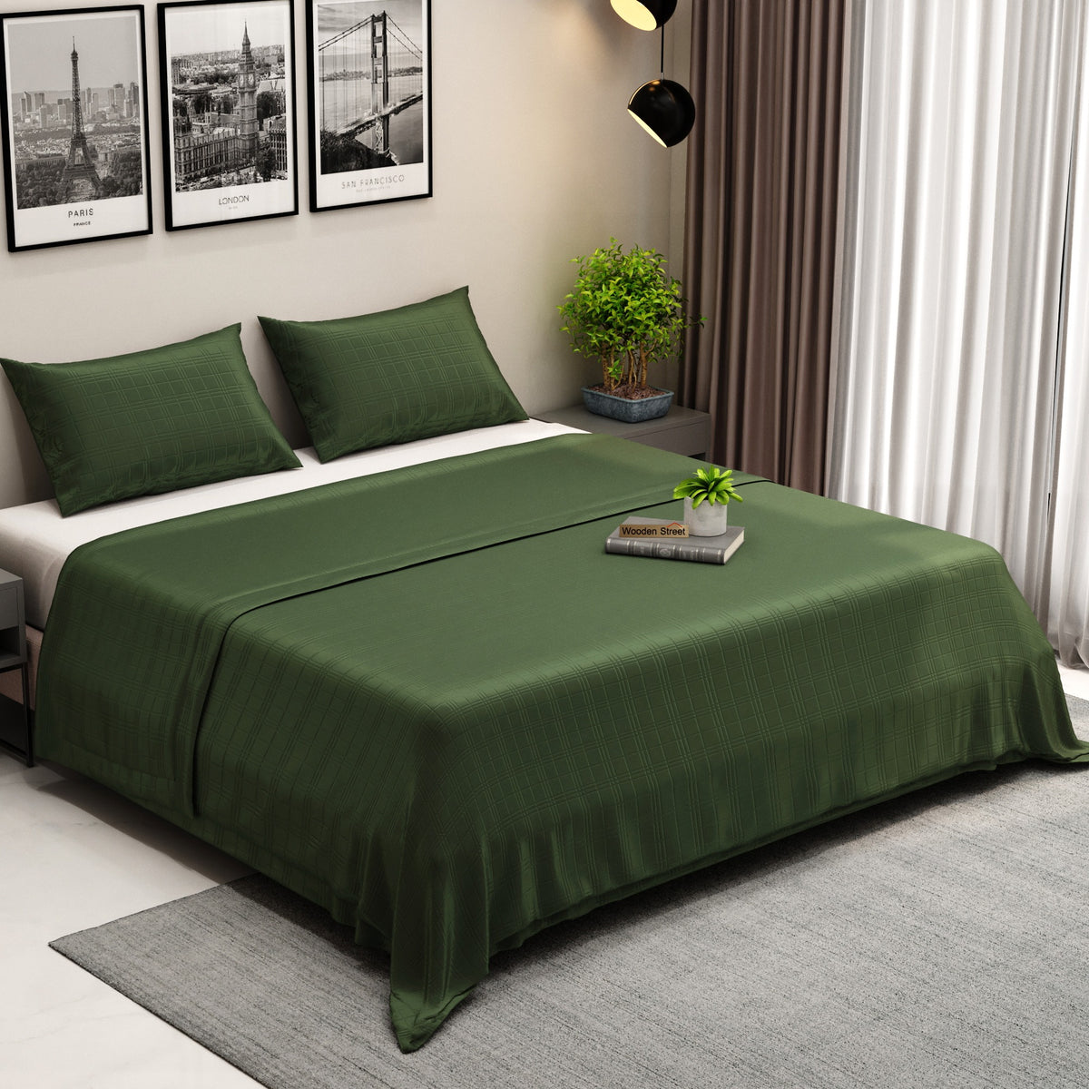 300 TC Flat Double Bed Sheet-Organic Dobby Bamboo Queen Size Bed Sheet with 2 Pillowcases (Avocado Green)