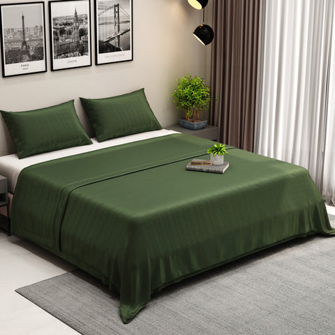 300 TC Flat Double Bed Sheet-Organic Dobby Bamboo Queen Size Bed Sheet with 2 Pillowcases (Avocado Green)