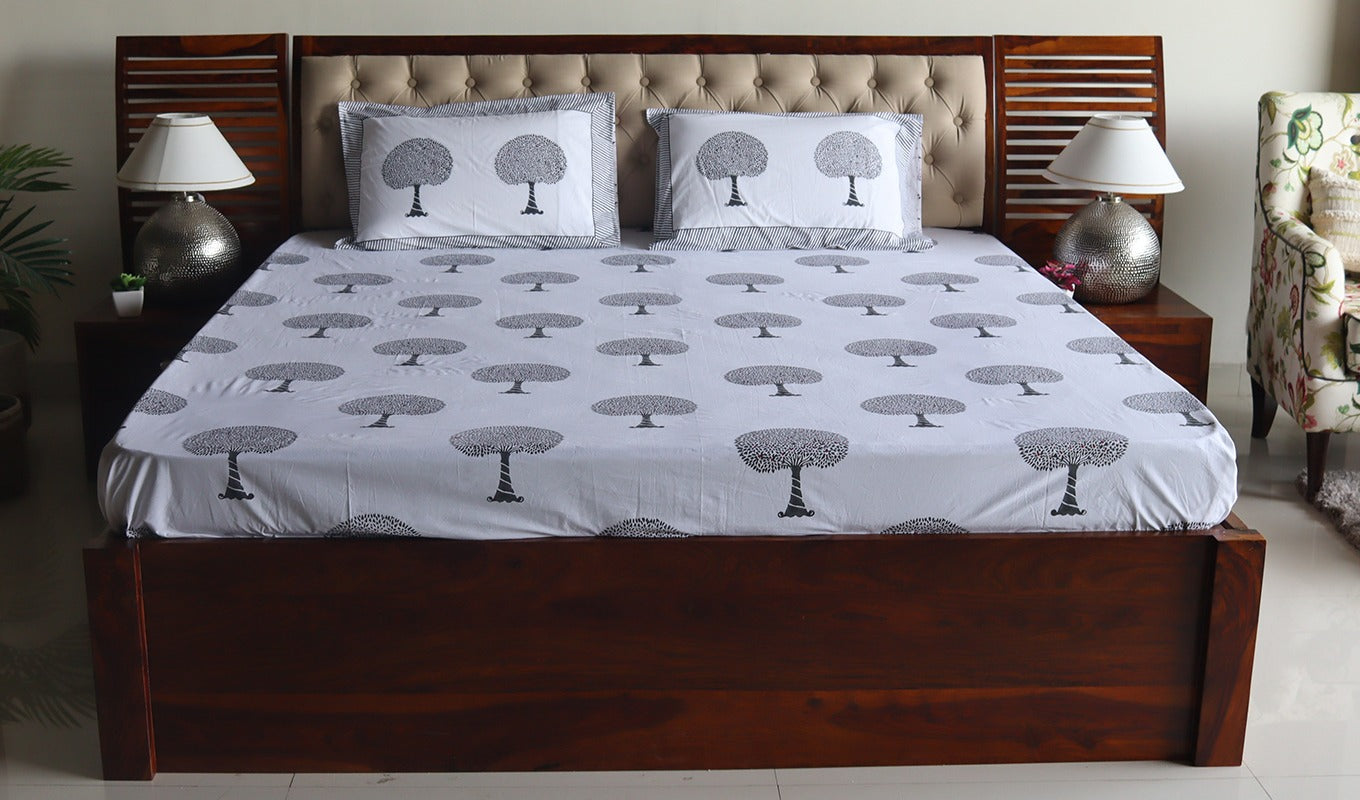 Tree Motifs Hand Block Printed White Double Bed Sheet with Pillow Covers