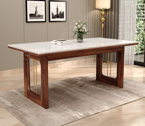Mishaan-Koby 6 Seater Sheesham Wood Dining Table Set with Quartz Top (Teak Finish)