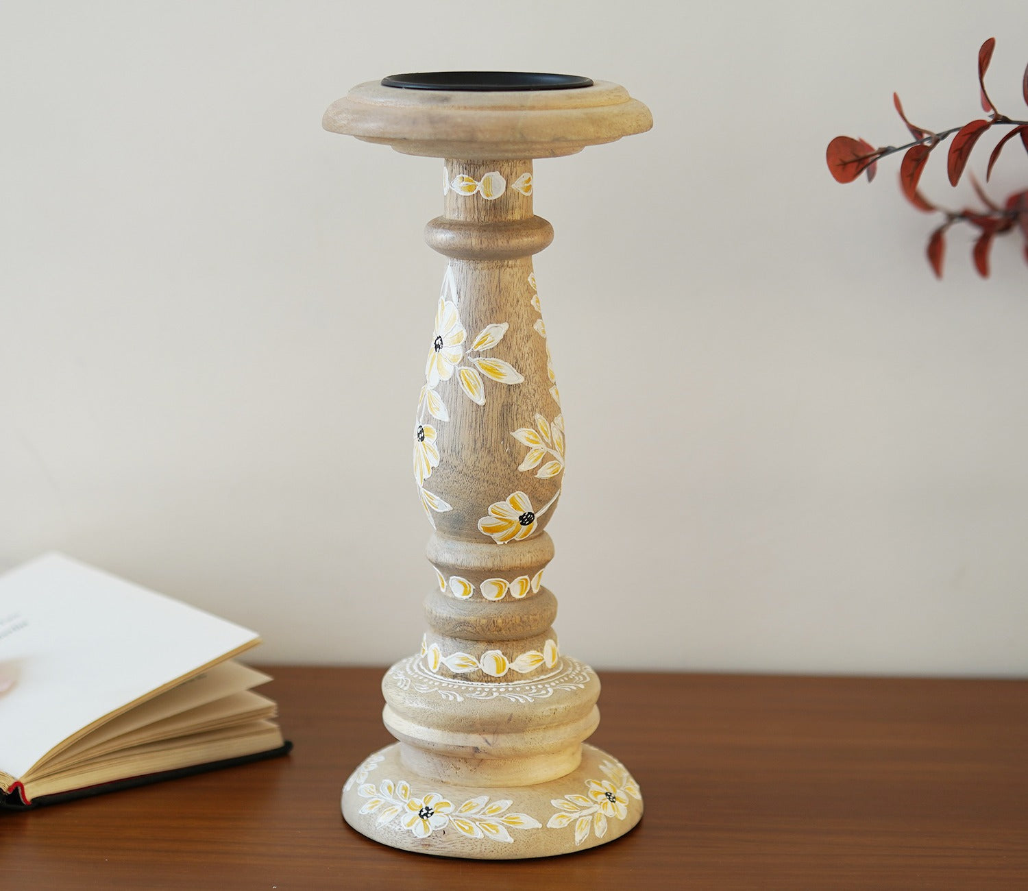 Adiva Floral Hand Painted Wooden Small Pillar Candle Stand