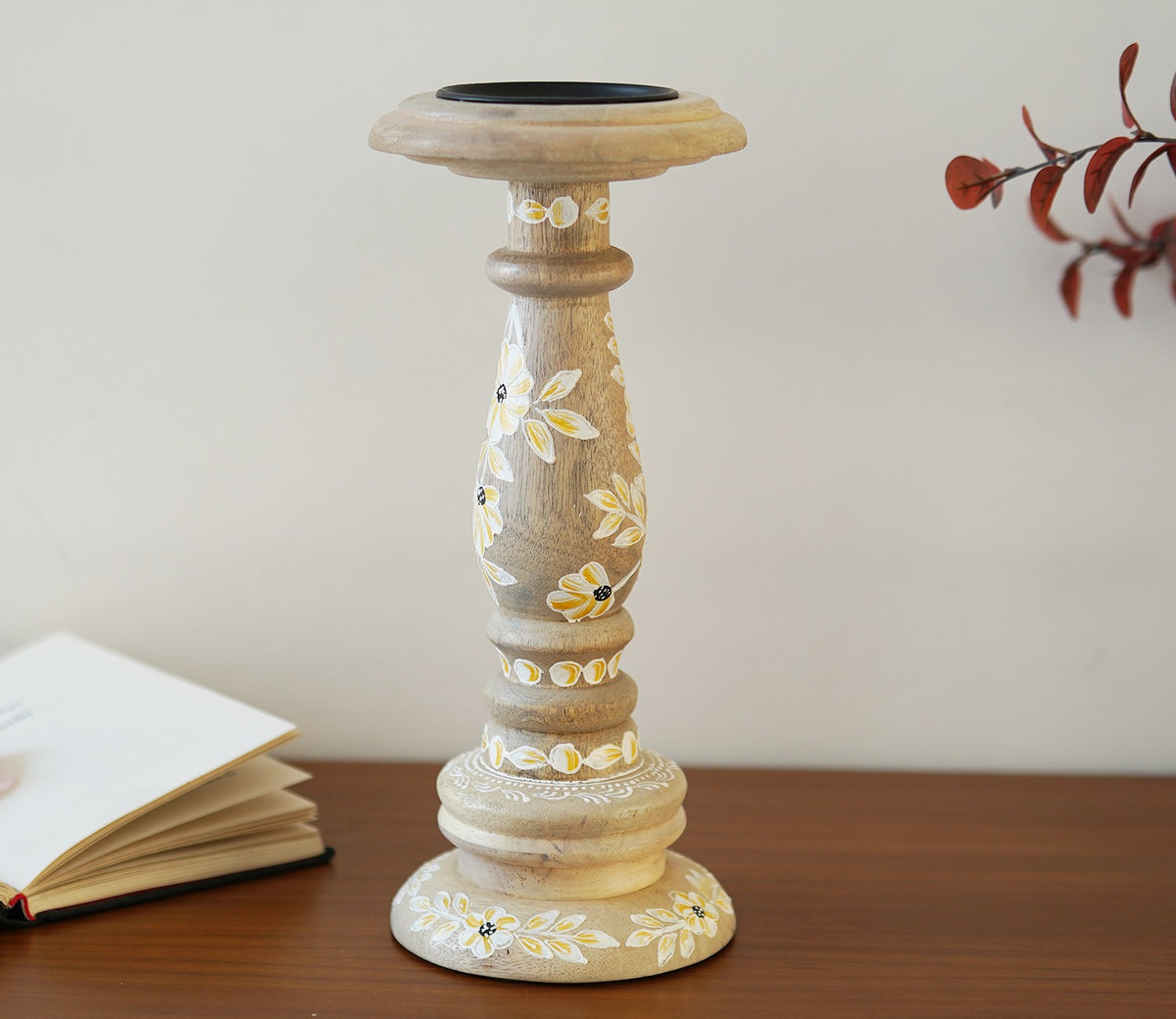 Adiva Floral Hand Painted Wooden Small Pillar Candle Stand