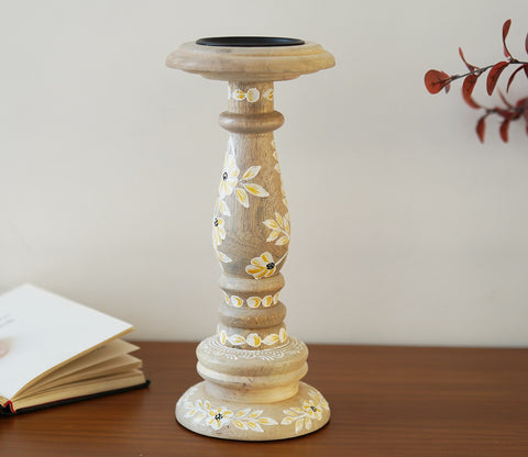 Adiva Floral Hand Painted Wooden Small Pillar Candle Stand