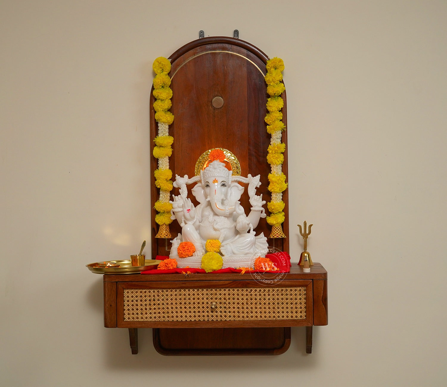 Shoonya Sheesham Wood Home Temple with Brass Detailing and Cane Accents (Teak Finish)