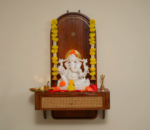 Shoonya Sheesham Wood Home Temple with Brass Detailing and Cane Accents (Teak Finish)