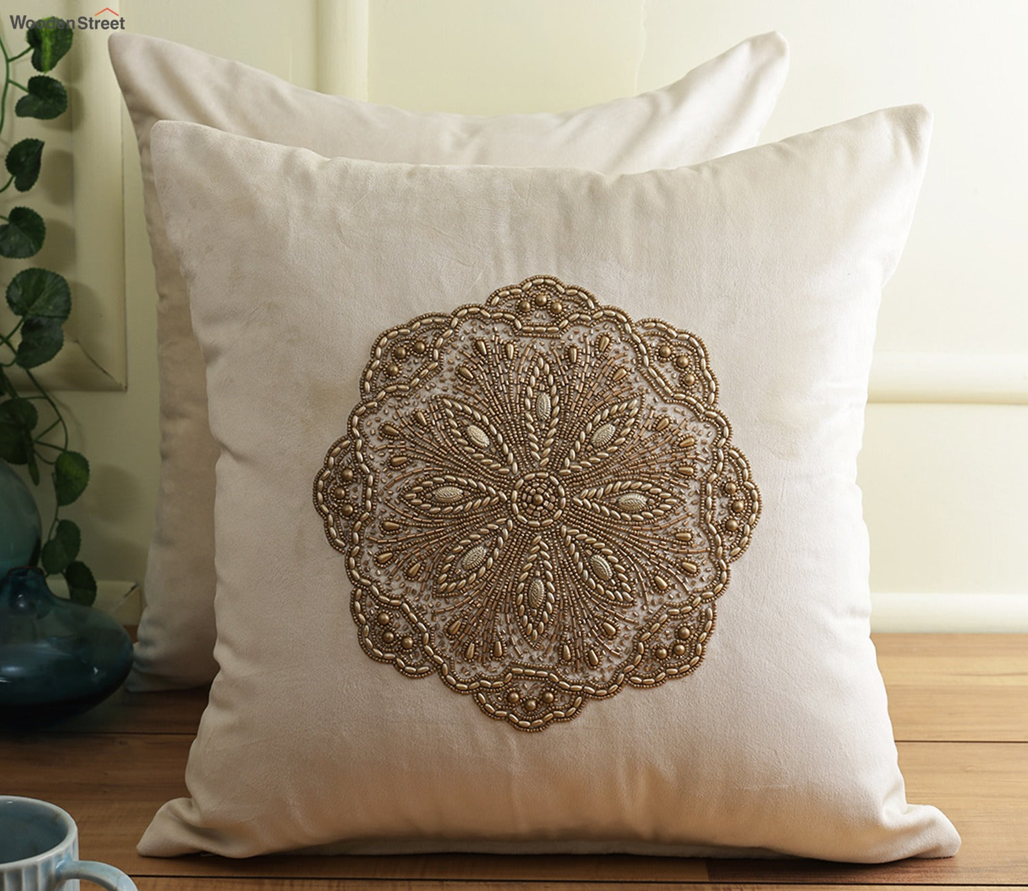 Beaded Velvet Cushion Covers - Set of 2 (Ivory, 18 x 18 inch)