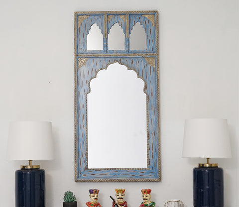 Izara Carved Mirror Frame (Distressed Blue)