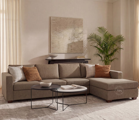 Albus L-Shape 5 Seater Right Aligned Sofa (Cotton, Sand Brown)