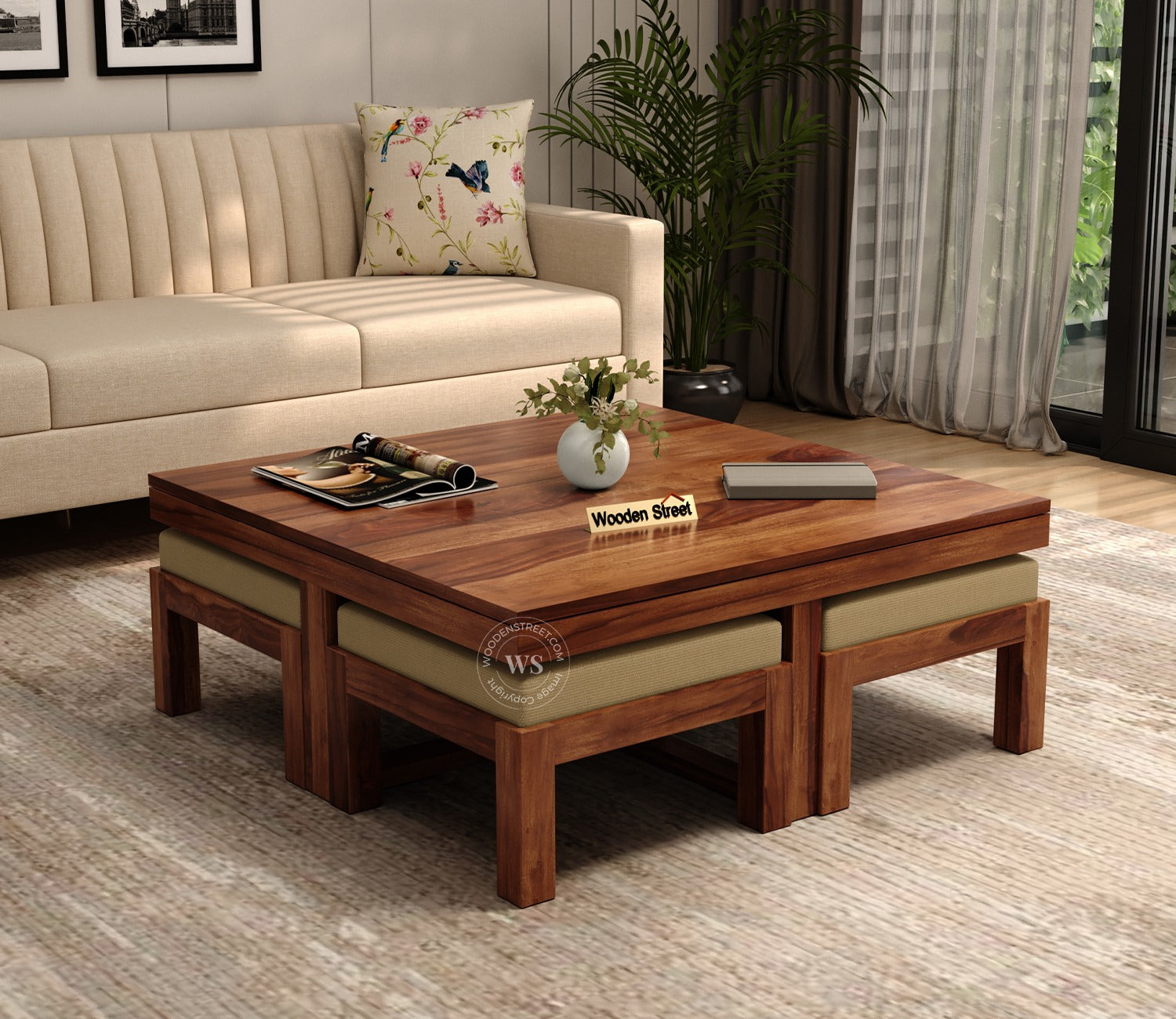 Reid Sheesham Wood Coffee Table with Four Cushioned Stools (Honey Finish)