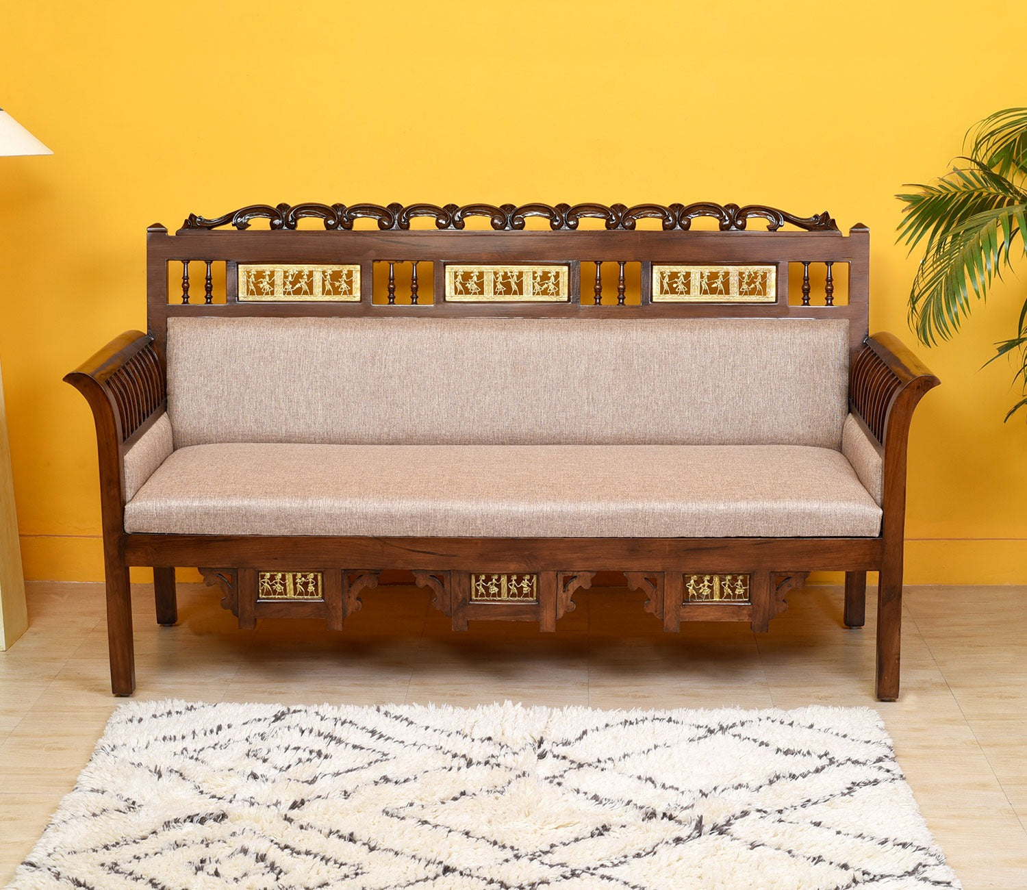 Maharaja Three Seater Sofa in Teakwood with Walnut Finish adorned with Dhokra Brass Frames