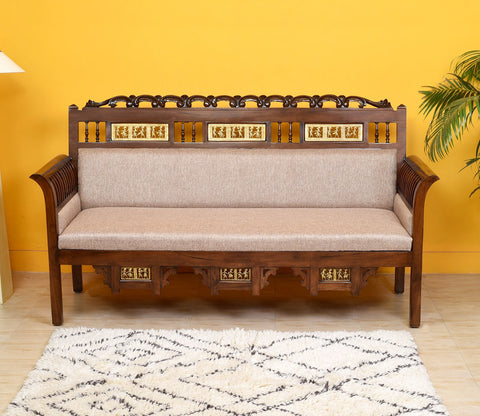 Maharaja Three Seater Sofa in Teakwood with Walnut Finish adorned with Dhokra Brass Frames