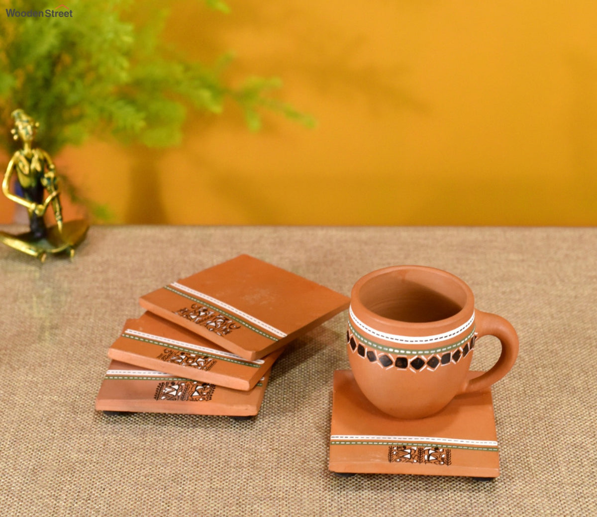 Brown Handcrafted Warli Art Earthen Coasters - Set of 4