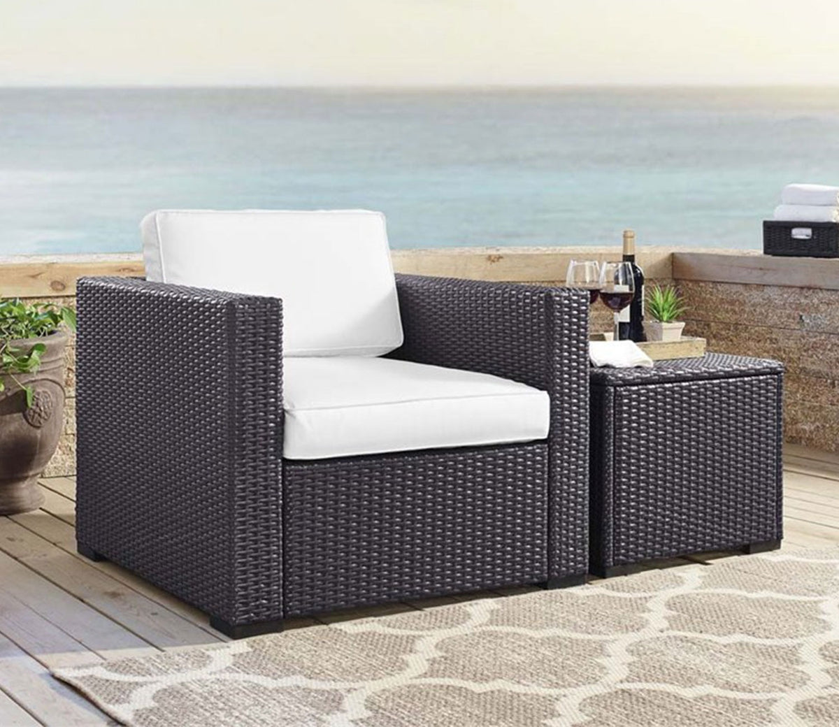 Dark Brown Rattan And Wicker Patio Sofa Cum Chair With White Cushions
