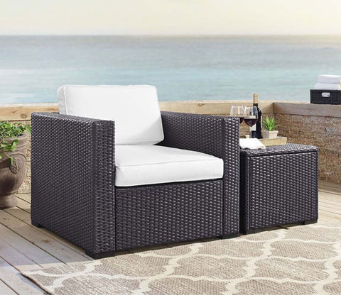 Dark Brown Rattan And Wicker Patio Sofa Cum Chair With White Cushions
