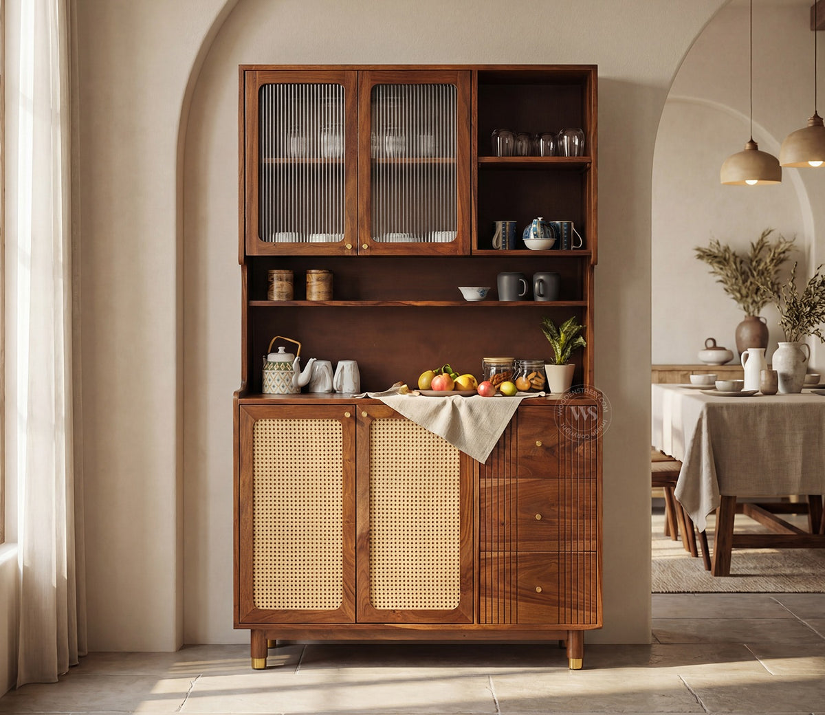 Tripti Classic Kitchen Cabinet with Fluted Glass, Cane Weave & Brass Knobs (Teak Finish)