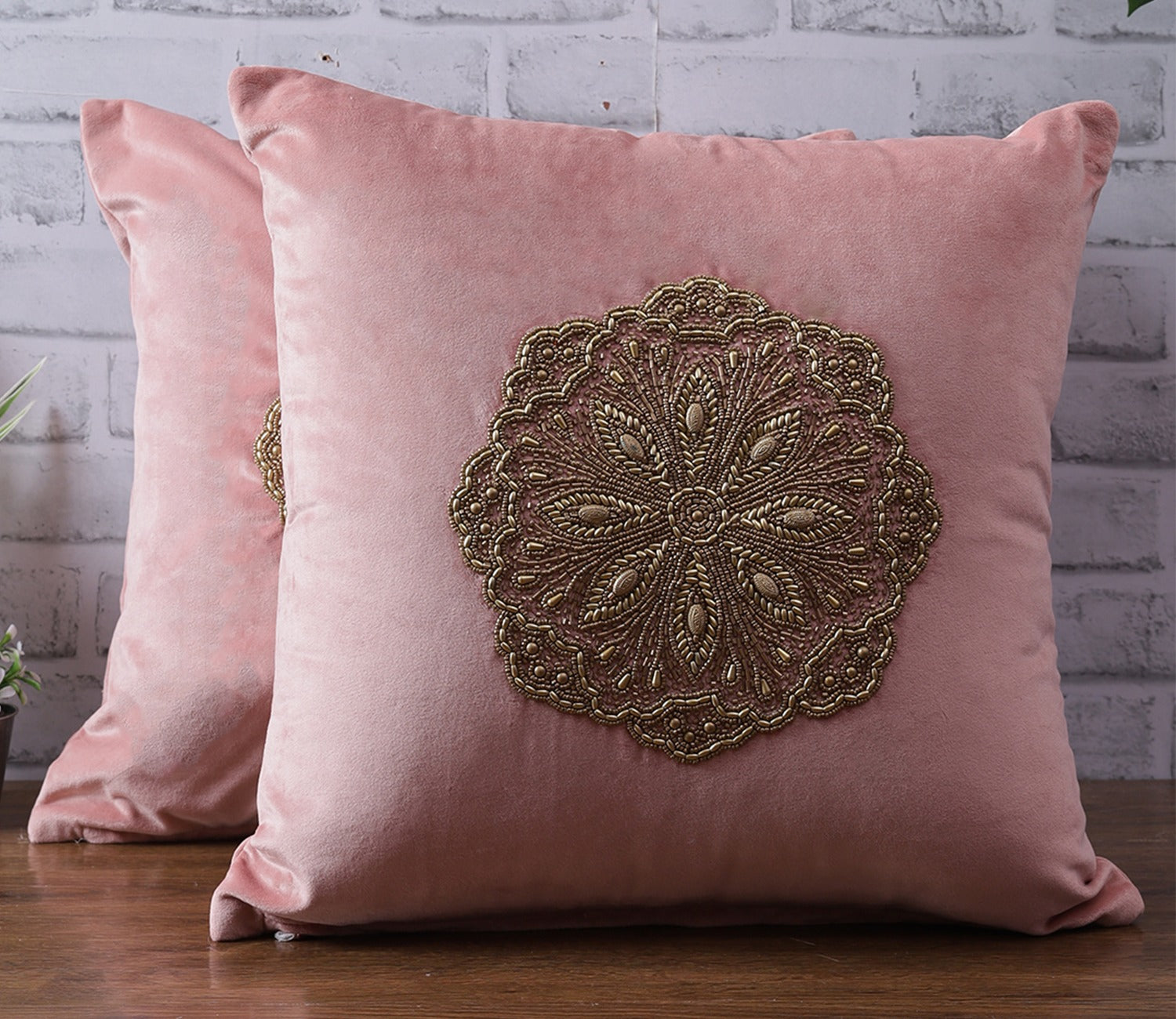 Beaded Velvet Cushion Covers - Set of 2 (Peach, 18 x 18 inch)