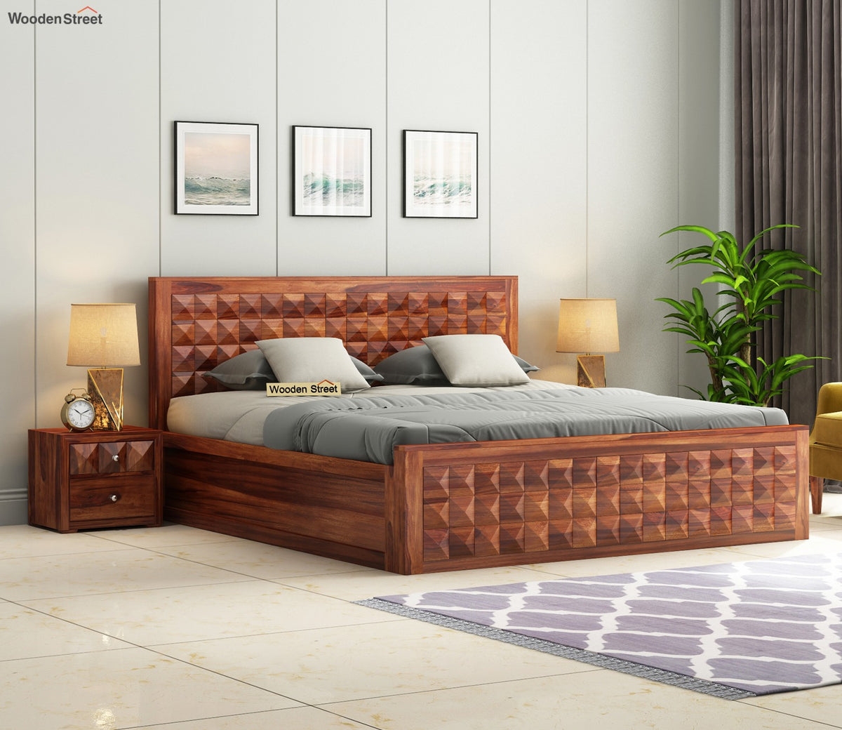 Morse Sheesham Wood Bed With Box Storage (Queen Size, Honey Finish)
