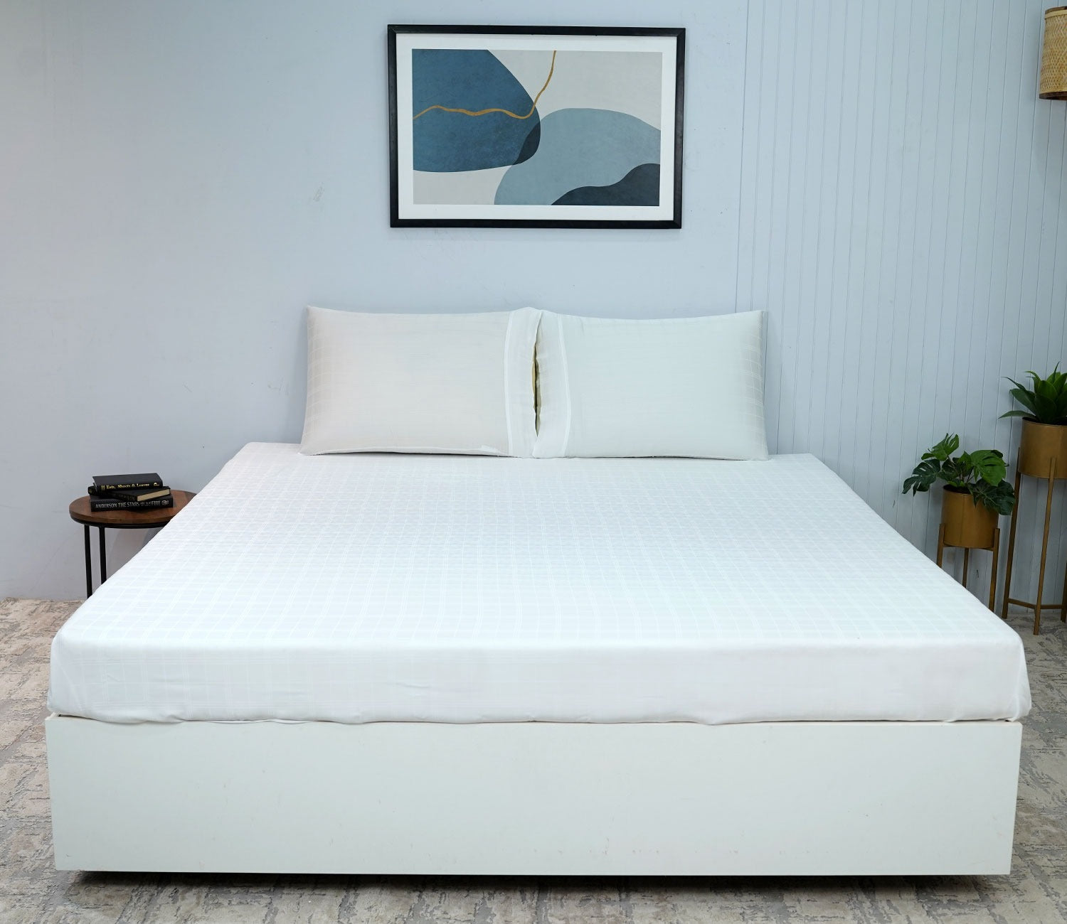 Organic Dobby Checks Bamboo Bedsheet Single Size Bed 300 TC with 1 Pillowcase and 1 Fitted Bedsheet (White)