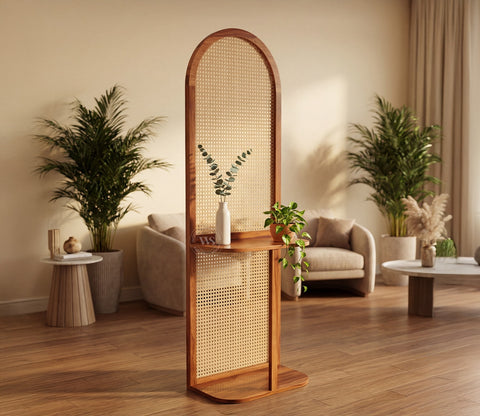 Aakruti Arch Sheesham Wood Single Panel Room Divider with Cane Weave & Open Shelf - Freestanding Partition Screen